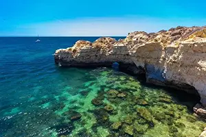 Famous Beach Prints: Aerial panoramic view of amazing Praia dos Paradinha beach, Albufeira, Algarve, Portugal