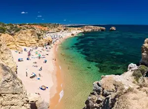 Aerial panoramic view of amazing Praia dos Paradinha beach, Albufeira, Algarve, Portugal
