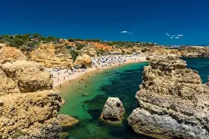 Aerial panoramic view of amazing Praia dos Paradinha beach, Albufeira, Algarve, Portugal