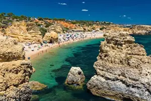 Famous Beach Prints: Aerial panoramic view of amazing Praia dos Paradinha beach, Albufeira, Algarve, Portugal