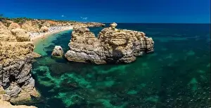 Famous Beach Prints: Aerial panoramic view of amazing Praia dos Paradinha beach, Albufeira, Algarve, Portugal