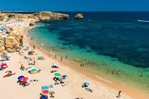 Famous Beach Prints: Aerial panoramic view of amazing Praia dos Paradinha beach, Albufeira, Algarve, Portugal