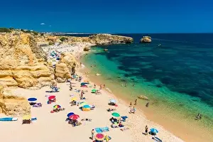 Famous Beach Prints: Aerial panoramic view of amazing Praia dos Paradinha beach, Albufeira, Algarve, Portugal