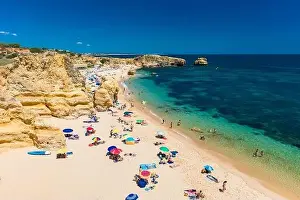 Famous Beach Prints: Aerial panoramic view of amazing Praia dos Paradinha beach, Albufeira, Algarve, Portugal