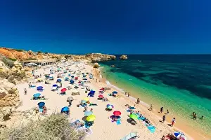 Albufeira Prints: Aerial panoramic view of amazing Praia dos Paradinha beach, Albufeira, Algarve, Portugal