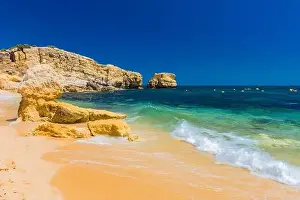 Albufeira Prints: Aerial panoramic view of amazing Praia dos Paradinha beach, Albufeira, Algarve, Portugal
