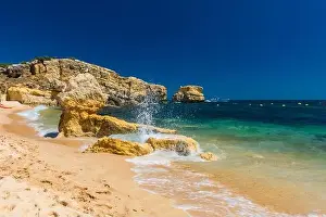 Albufeira Prints: Aerial panoramic view of amazing Praia dos Paradinha beach, Albufeira, Algarve, Portugal