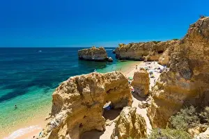 Albufeira Prints: Aerial panoramic view of amazing Praia dos Paradinha beach, Albufeira, Algarve, Portugal