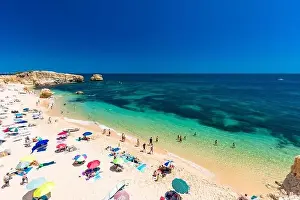 Albufeira Prints: Aerial panoramic view of amazing Praia dos Paradinha beach, Albufeira, Algarve, Portugal