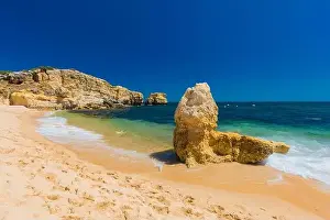Albufeira Prints: Aerial panoramic view of amazing Praia dos Paradinha beach, Albufeira, Algarve, Portugal