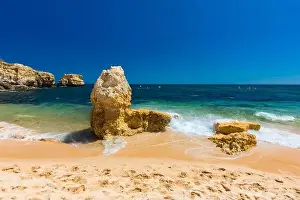 Portimao Prints: Aerial panoramic view of amazing Praia dos Paradinha beach, Albufeira, Algarve, Portugal