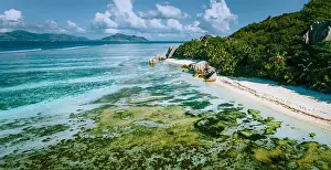 Digue Prints: Aerial panoramic view of Anse Source d'Argent beach at La Digue island