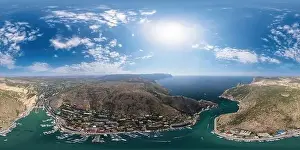Spherical Prints: Aerial panoramic view of Balaklava landscape with boats and sea in marina bay