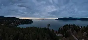 Horseshoe Bay Prints: Aerial Panoramic view of a beautiful Canadian Landscape during a cloudy winter sunset