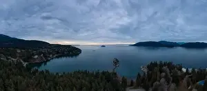 Horseshoe Bay Prints: Aerial Panoramic view of a beautiful Canadian Landscape during a cloudy winter sunset
