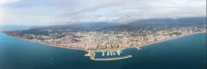 Aerial panoramic view of beautiful Fuengirola Harbour coastal City in South Spain of Malaga in November