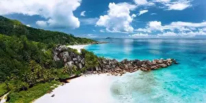 Digue Prints: Aerial panoramic view of beautiful Grand Anse beach on La Digue island in Seychelles