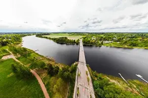 May Road Prints: Aerial panoramic view of bridge in city Inkeroinen at river Kymijoki, Finland