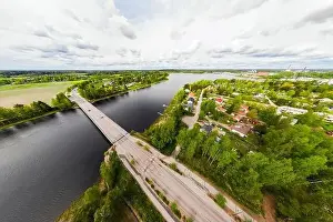 May Road Prints: Aerial panoramic view of bridge in city Inkeroinen at river Kymijoki, Finland