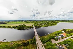 May Road Prints: Aerial panoramic view of bridge in city Inkeroinen at river Kymijoki, Finland