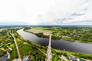 May Road Prints: Aerial panoramic view of city Inkeroinen at river Kymijoki, Finland