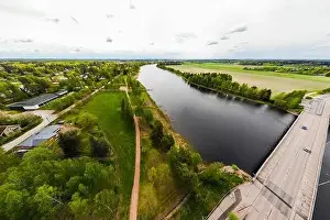 May Road Prints: Aerial panoramic view of city Inkeroinen at river Kymijoki, Finland