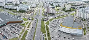 aerial panoramic view of city residential area with high-rise apartment houses