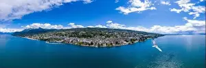 Lake Geneva Prints: Aerial panoramic view of Evian (Evian-Les-Bains) city in Haute-Savoie in France