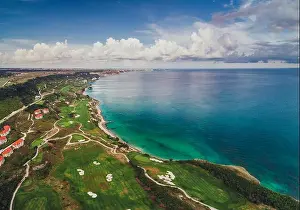 Golfing Prints: Aerial panoramic view of a golf course next to the cliffs and Black sea