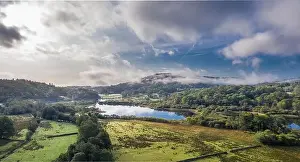 Capped Prints: Aerial panoramic view over Great Langdale Valley at hazy morning