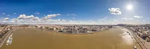 Morning Glow Prints: Aerial panoramic view of Hungarian Parliament by danube in Budapest morning