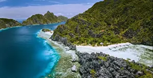 Hopping Prints: Aerial panoramic view of karst sharp cliffs of limestone island on adventures tour of El Nido
