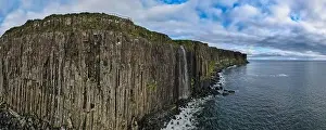 Isle Of Skye Prints: Aerial panoramic view of Kilt Rock & Mealt Falls on the coast of the isle of Skye in Scotland