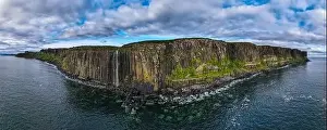 Isle Of Skye Prints: Aerial panoramic view of Kilt Rock & Mealt Falls on the coast of the isle of Skye in Scotland