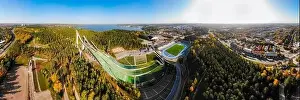 Aerial panoramic view of Lahti sports centre with three ski jump towers