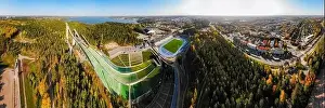 Aerial panoramic view of Lahti sports centre with three ski jump towers