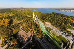 Aerial panoramic view of Lahti sports centre with three ski jump towers