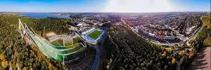 Aerial panoramic view of Lahti sports centre with three ski jump towers