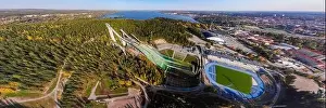 Sky Sport Prints: Aerial panoramic view of Lahti sports centre with three ski jump towers