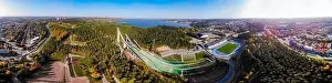 Sky Sport Prints: Aerial panoramic view of Lahti sports centre with three ski jump towers
