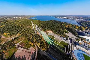 Aerial panoramic view of Lahti sports centre with three ski jump towers