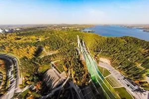 Sky Sport Prints: Aerial panoramic view of Lahti sports centre with three ski jump towers