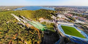 Sky Sport Prints: Aerial panoramic view of Lahti sports centre with three ski jump towers