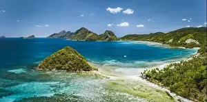 Hopping Prints: Aerial panoramic view of Las Cabanas beach and sea bay in El Nido, Palawan, Philippines