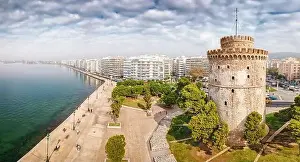 Aerial panoramic view of the main symbol of Thessaloniki city and the whole of Macedonia region - the White Tower