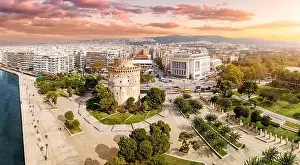 Thessaloniki Prints: Aerial panoramic view of the main symbol of Thessaloniki city and the whole of Macedonia region - the White Tower