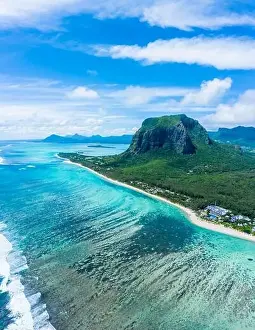 Aerial panoramic view of Mauritius island - Detail of Le Morne Brabant mountain with underwater waterfall perspective