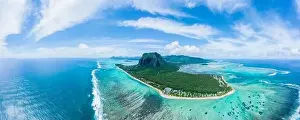 Aerial panoramic view of Mauritius island - Detail of Le Morne Brabant mountain with underwater waterfall perspective