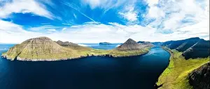 Waters Edge Prints: Aerial panoramic view of mountains on Vidoy island overlooking the blue Atlantic Ocean