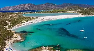 Watchtower Prints: Aerial done panoramic view of Porto Giunco beach and tower in Villasimius, Sardinia, Italy